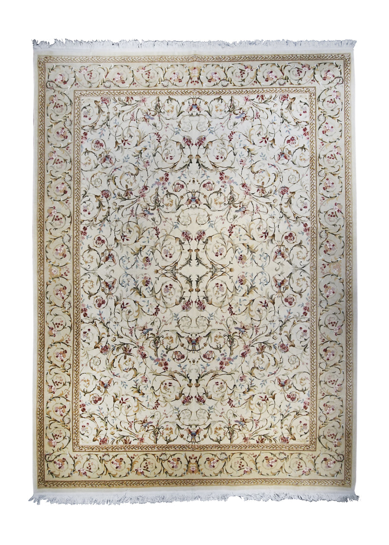 A25646 Oriental Rug Chinese Handmade Area Transitional 8'5'' x 11'3'' -8x11- Whites Beige Aubusson Floral Design