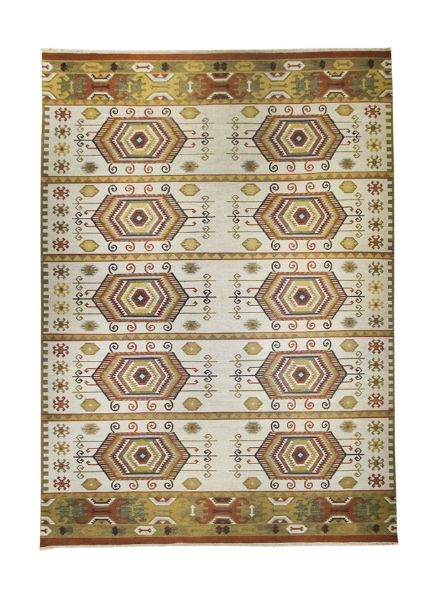 A25689 Oriental Rug Indian Handmade Area Transitional 9'12'' x 13'8'' -10x14- Brown Green Soumak Geometric Design