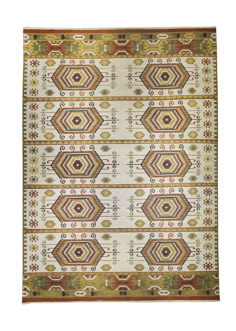 A25689 Oriental Rug Indian Handmade Area Transitional 9'12'' x 13'8'' -10x14- Brown Green Soumak Geometric Design