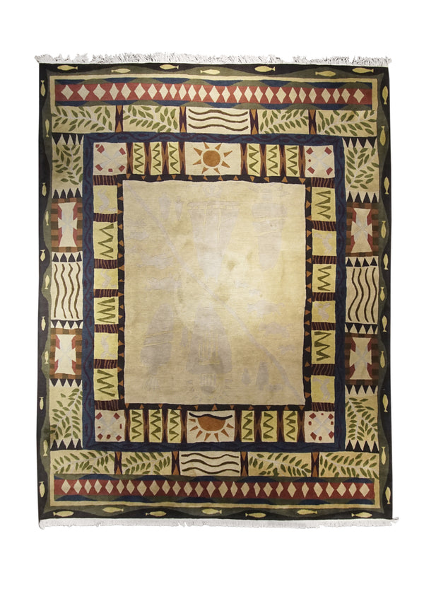 A25714 Oriental Rug Tibetan Handmade Area Modern 8'12'' x 11'6'' -9x12- Whites Beige Green Geometric Design
