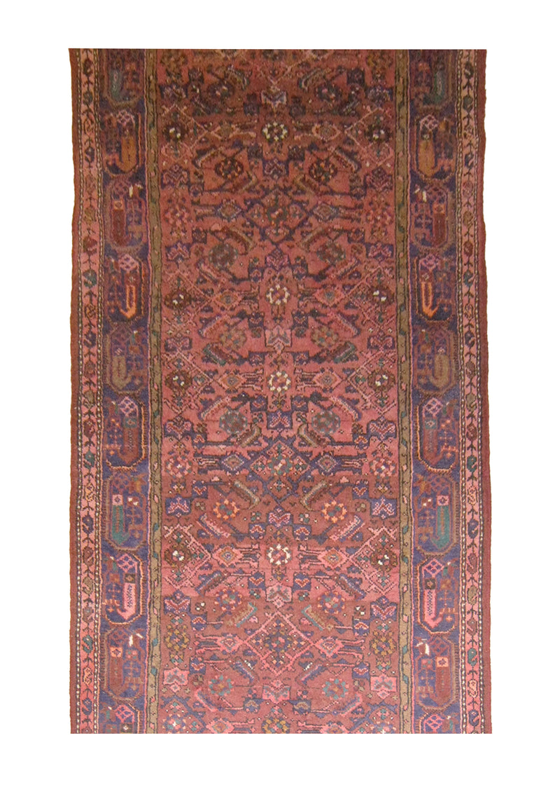 A25718 Persian Rug Hossein Abad Handmade Runner Tribal 3'11'' x 10'0'' -4x10- Red Blue Herati Design