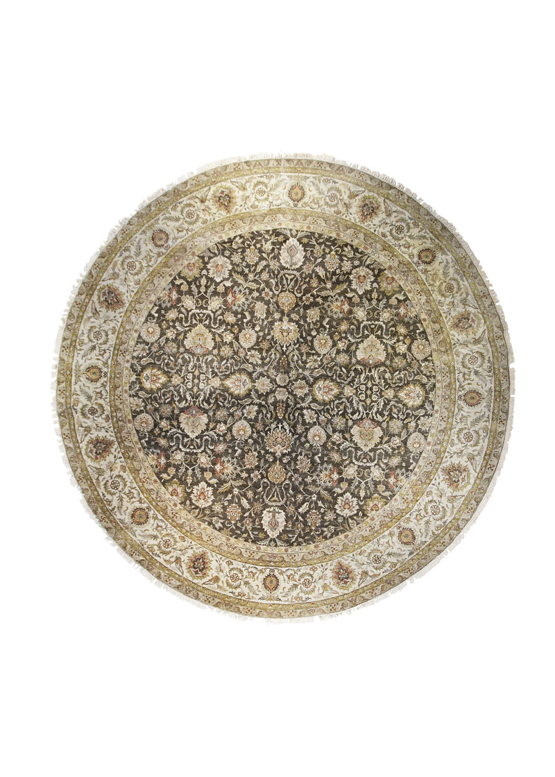 A25723 Oriental Rug Indian Handmade Round Transitional 12'0'' x 12'0'' -12x12- Brown Whites Beige Green Tea Washed Floral Oushak Design