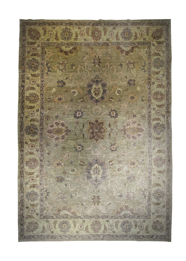 A25755 Oriental Rug Pakistani Handmade Area Transitional 8'11'' x 12'10'' -9x13- Green Brown Antique Washed Oushak Floral Design