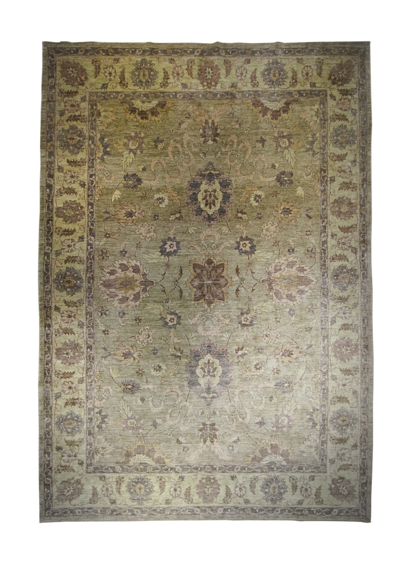 A25755 Oriental Rug Pakistani Handmade Area Transitional 8'11'' x 12'10'' -9x13- Green Brown Antique Washed Oushak Floral Design