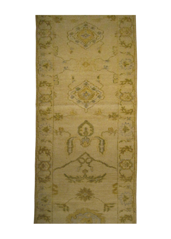 A25759 Oriental Rug Indian Handmade Runner Transitional 2'6'' x 10'0'' -3x10- Whites Beige Green Oushak Floral Design