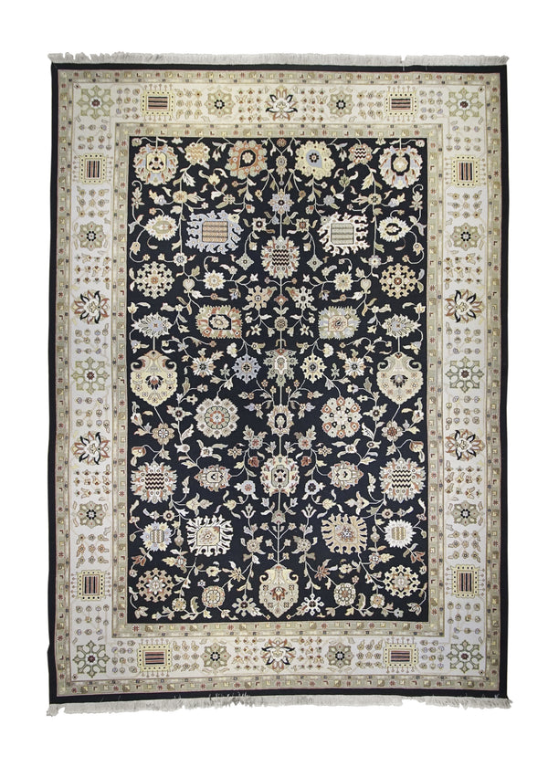 A25768 Oriental Rug Indian Handmade Area Transitional 9'11'' x 13'8'' -10x14- Black Whites Beige Soumak Floral Design