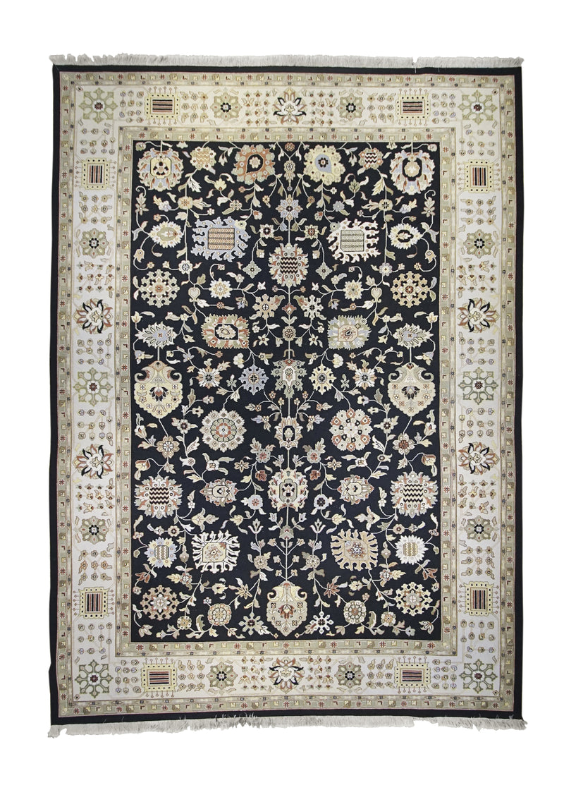 A25768 Oriental Rug Indian Handmade Area Transitional 9'11'' x 13'8'' -10x14- Black Whites Beige Soumak Floral Design