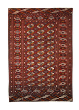 A25800 Persian Rug Turkmen Handmade Area Tribal 4'1'' x 6'0'' -4x6- Red Whites Beige Black Geometric Elephant Foot Bokhara Design