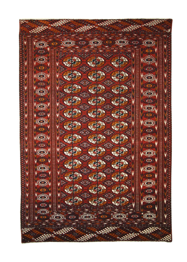 A25800 Persian Rug Turkmen Handmade Area Tribal 4'1'' x 6'0'' -4x6- Red Whites Beige Black Geometric Elephant Foot Bokhara Design
