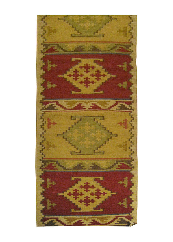 A25853 Oriental Rug Indian Handmade Runner Transitional 2'6'' x 10'0'' -3x10- Whites Beige Red Green Dhurrie Geometric Design