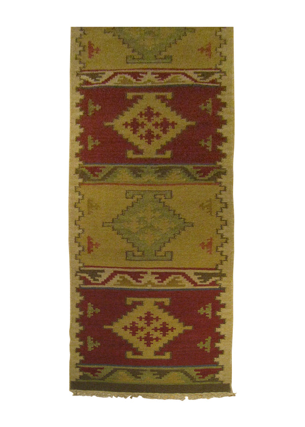 A25854 Oriental Rug Indian Handmade Runner Transitional 2'6'' x 10'0'' -3x10- Whites Beige Red Green Dhurrie Geometric Design