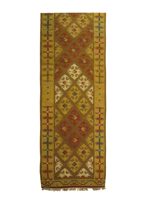 A25856 Oriental Rug Indian Handmade Runner Transitional 2'6'' x 10'0'' -3x10- Brown Red Multi-color Dhurrie Geometric Design