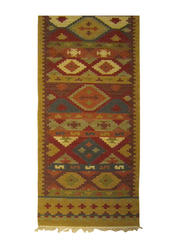 A25858 Oriental Rug Indian Handmade Runner Transitional 2'6'' x 10'0'' -3x10- Brown Red Multi-color Dhurrie Geometric Design