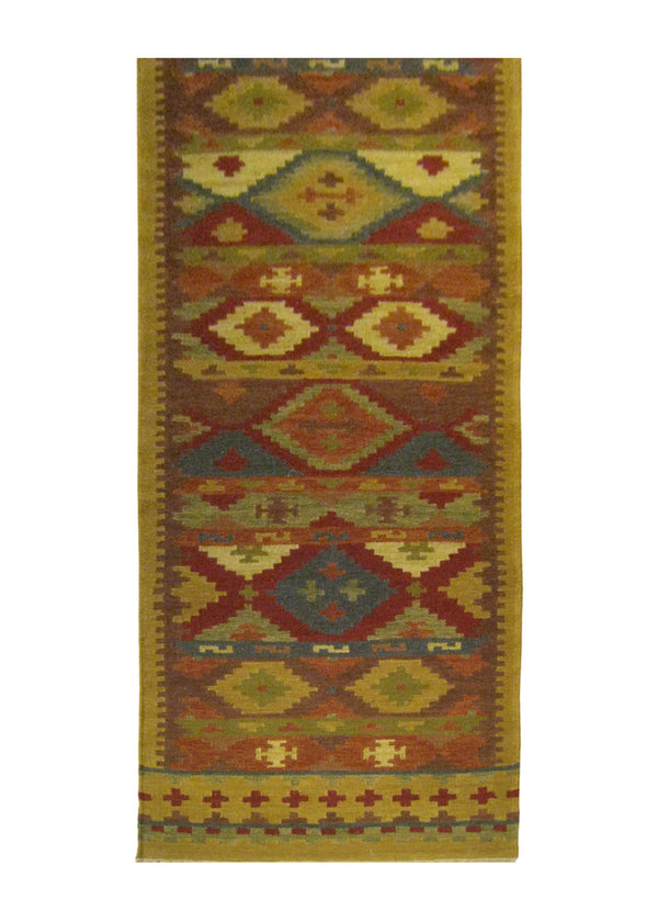 A25860 Oriental Rug Indian Handmade Runner Transitional 2'6'' x 10'0'' -3x10- Brown Red Multi-color Dhurrie Geometric Design
