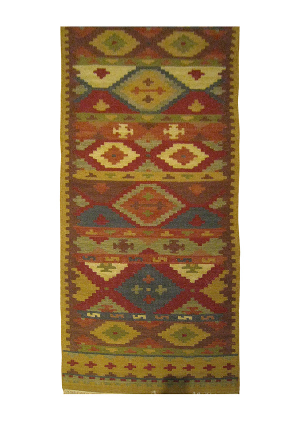 A25861 Oriental Rug Indian Handmade Runner Transitional 2'6'' x 10'0'' -3x10- Brown Red Multi-color Dhurrie Geometric Design