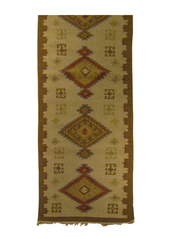 A25864 Oriental Rug Indian Handmade Runner Transitional 2'6'' x 10'0'' -3x10- Whites Beige Brown Dhurrie Geometric Design