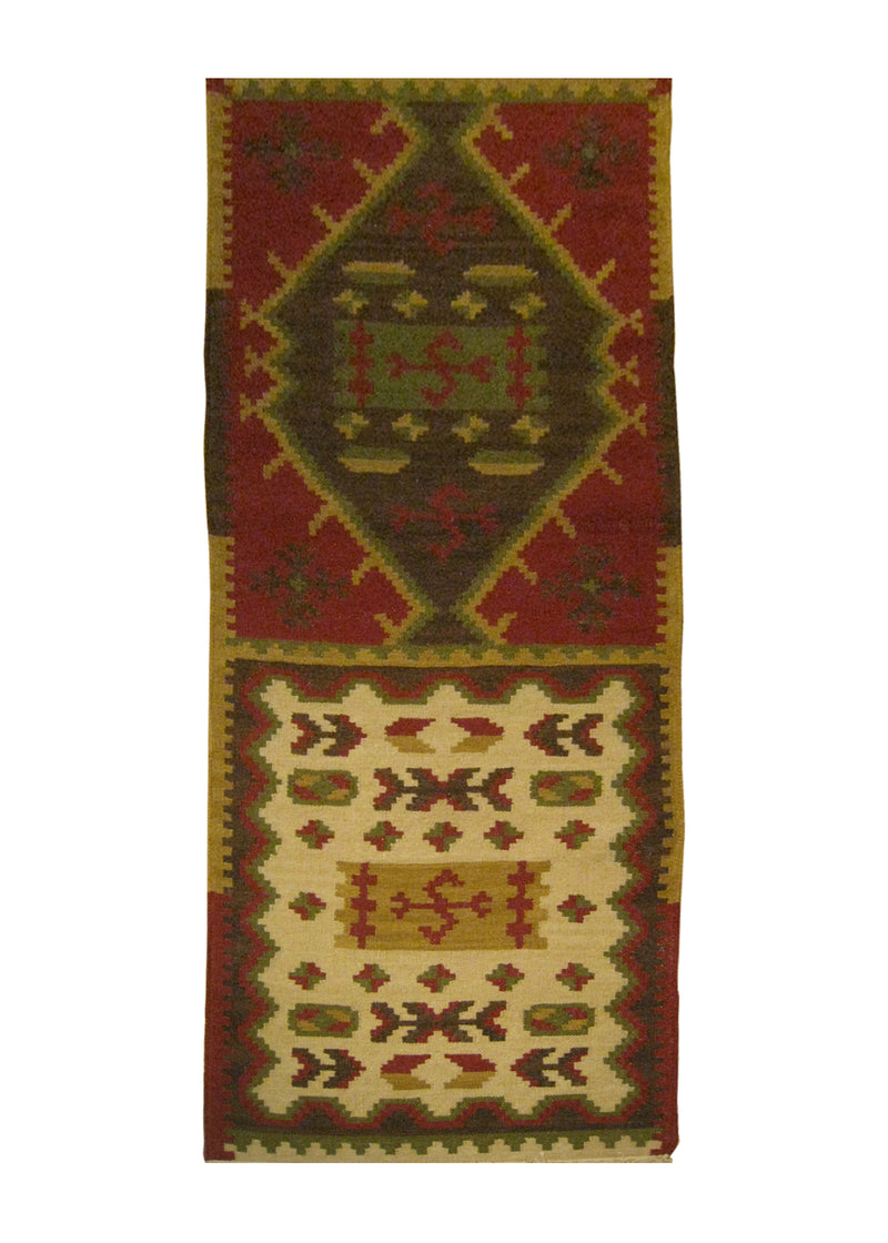A25865 Oriental Rug Indian Handmade Runner Transitional 2'6'' x 10'0'' -3x10- Red Green Whites Beige Dhurrie Geometric Design