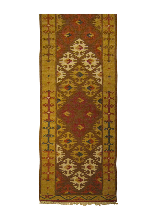 A25869 Oriental Rug Indian Handmade Runner Transitional 2'6'' x 12'0'' -3x12- Brown Red Multi-color Dhurrie Geometric Design