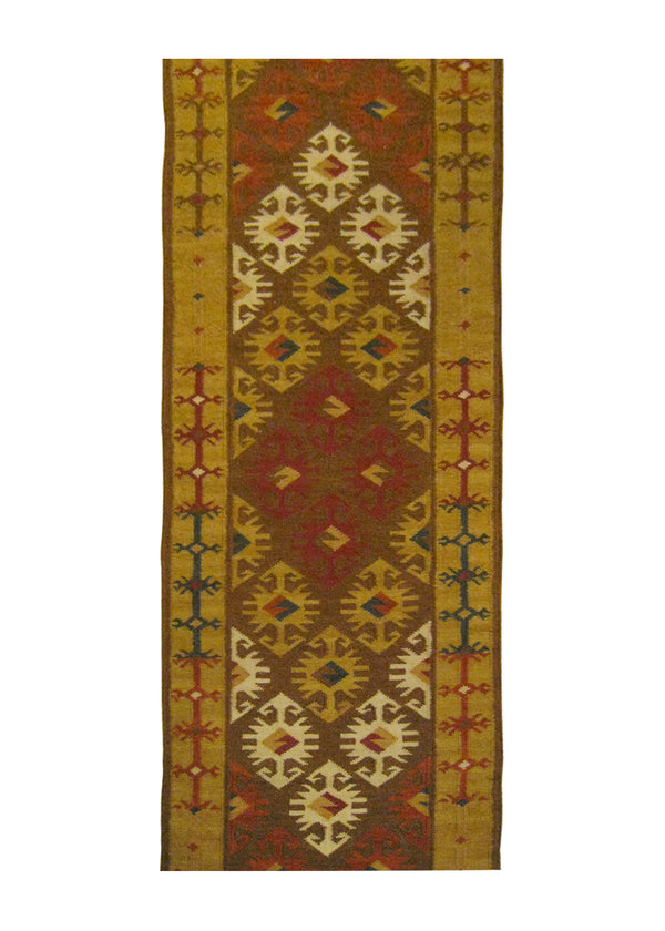A25870 Oriental Rug Indian Handmade Runner Transitional 2'6'' x 12'0'' -3x12- Brown Red Multi-color Dhurrie Geometric Design
