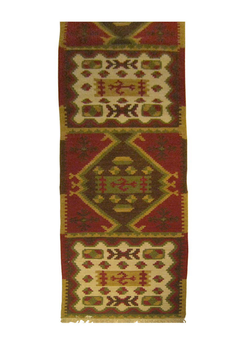 A25875 Oriental Rug Indian Handmade Runner Transitional 2'6'' x 12'0'' -3x12- Red Green Whites Beige Dhurrie Geometric Design