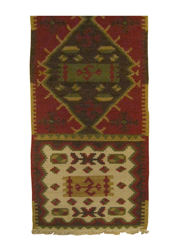 A25877 Oriental Rug Indian Handmade Runner Transitional 2'6'' x 8'0'' -3x8- Red Green Whites Beige Dhurrie Geometric Design