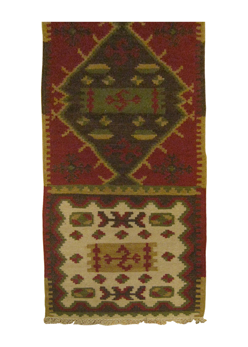 A25877 Oriental Rug Indian Handmade Runner Transitional 2'6'' x 8'0'' -3x8- Red Green Whites Beige Dhurrie Geometric Design