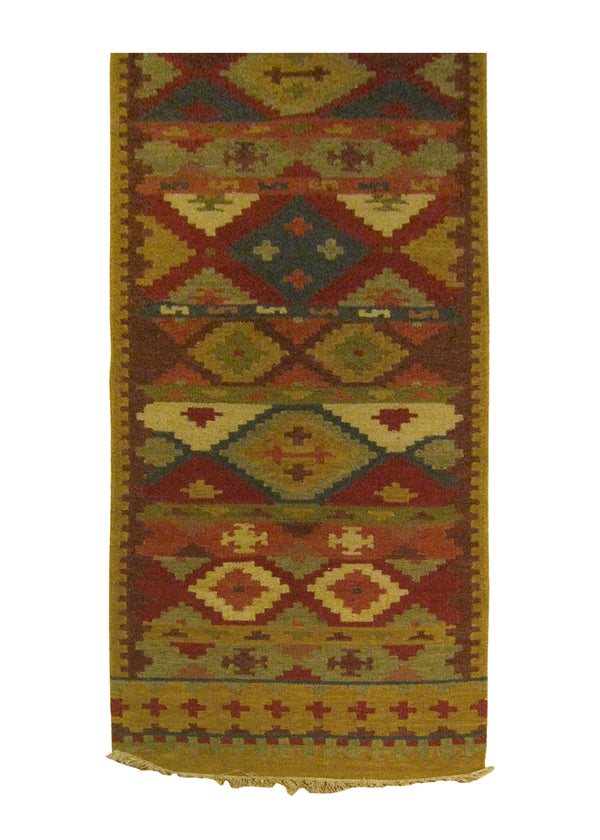 A25878 Oriental Rug Indian Handmade Runner Transitional 2'6'' x 8'0'' -3x8- Brown Red Multi-color Dhurrie Geometric Design