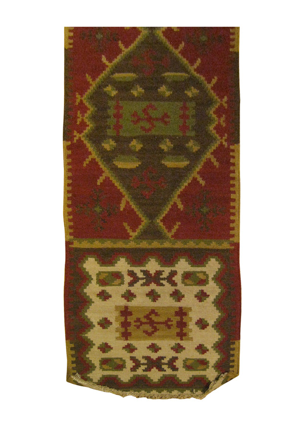A25883 Oriental Rug Indian Handmade Runner Transitional 2'6'' x 8'0'' -3x8- Red Green Multi-color Dhurrie Geometric Design