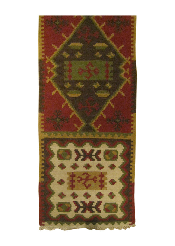 A25884 Oriental Rug Indian Handmade Runner Transitional 2'6'' x 8'0'' -3x8- Red Green Multi-color Dhurrie Geometric Design