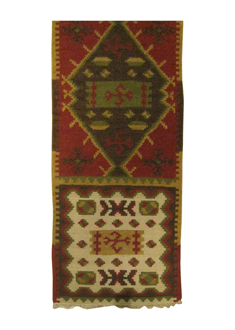 A25884 Oriental Rug Indian Handmade Runner Transitional 2'6'' x 8'0'' -3x8- Red Green Multi-color Dhurrie Geometric Design