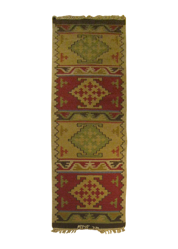 A25887 Oriental Rug Indian Handmade Runner Transitional 2'6'' x 8'0'' -3x8- Multi-color Red Green Dhurrie Geometric Design