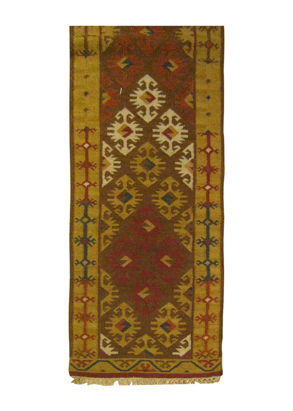 A25889 Oriental Rug Indian Handmade Runner Transitional 2'6'' x 8'0'' -3x8- Brown Red Multi-color Dhurrie Geometric Design