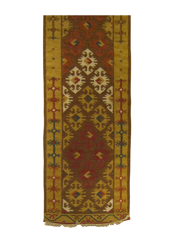 A25890 Oriental Rug Indian Handmade Runner Transitional 2'6'' x 8'0'' -3x8- Brown Red Multi-color Dhurrie Geometric Design