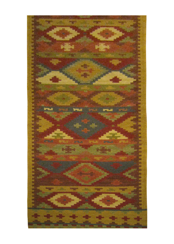 A25895 Oriental Rug Indian Handmade Runner Transitional 2'6'' x 12'0'' -3x12- Brown Red Multi-color Dhurrie Geometric Design