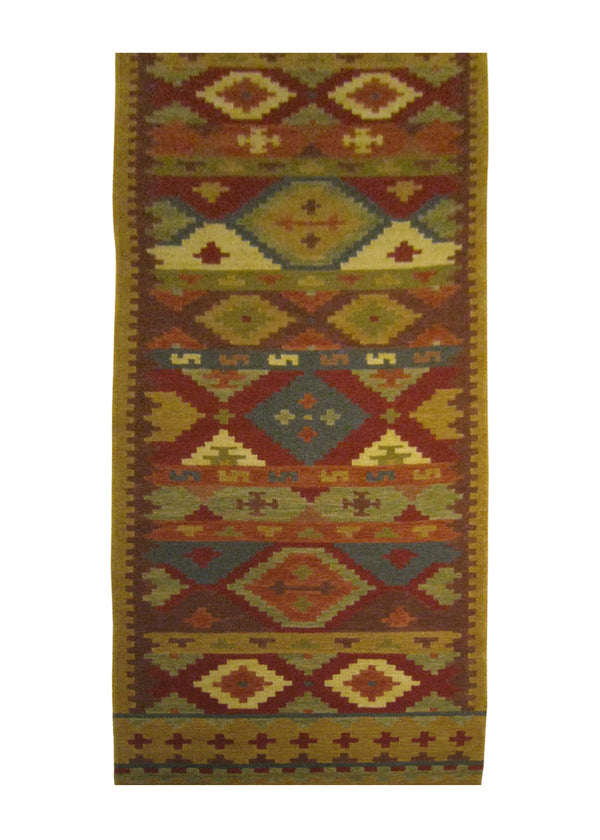 A25896 Oriental Rug Indian Handmade Runner Transitional 2'6'' x 12'0'' -3x12- Brown Red Multi-color Dhurrie Geometric Design