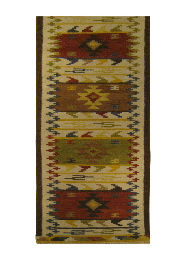 A25900 Oriental Rug Indian Handmade Runner Transitional 2'6'' x 12'0'' -3x12- Whites Beige Multi-color Yellow Gold Dhurrie Geometric Design