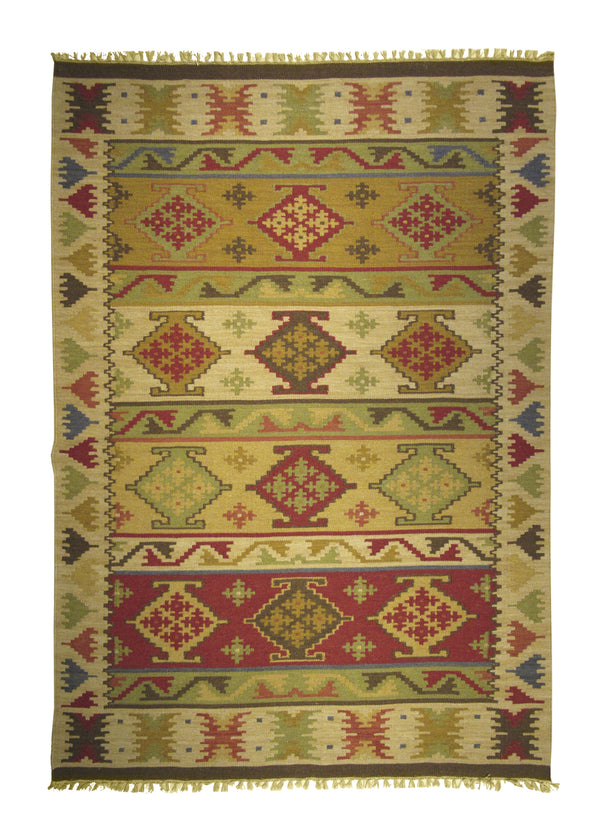 A25919 Oriental Rug Indian Handmade Area Transitional 5'7'' x 7'10'' -6x8- Whites Beige Red Green Dhurrie Geometric Design