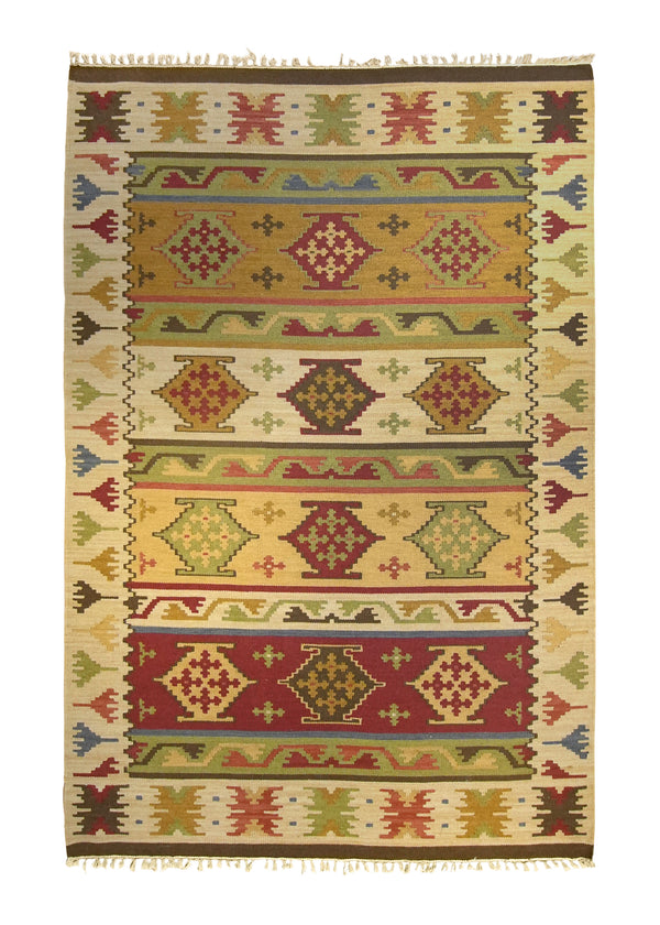A25920 Oriental Rug Indian Handmade Area Tribal 5'12'' x 9'0'' -6x9- Whites Beige Green Multi-color Dhurrie Geometric Design