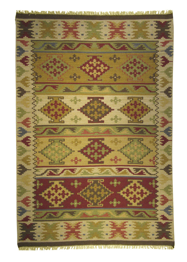 A25924 Oriental Rug Indian Handmade Area Transitional 5'7'' x 7'10'' -6x8- Whites Beige Red Green Dhurrie Geometric Design