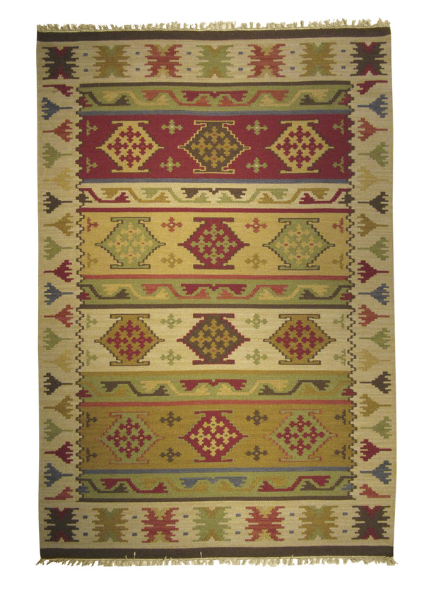 A25928 Oriental Rug Indian Handmade Area Transitional 5'12'' x 9'0'' -6x9- Whites Beige Red Green Dhurrie Geometric Design