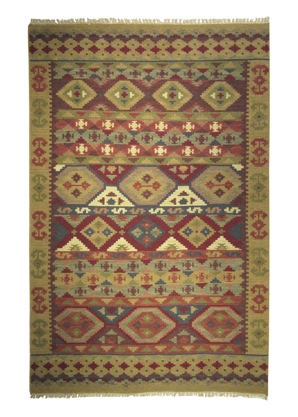 A25934 Oriental Rug Indian Handmade Area Transitional 5'12'' x 9'0'' -6x9- Brown Red Multi-color Dhurrie Geometric Design