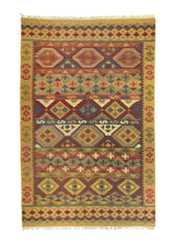 A25934 Oriental Rug Indian Handmade Area Transitional 6'0'' x 9'0'' -6x9- Brown Red Multi-color Dhurrie Geometric Design.jpg