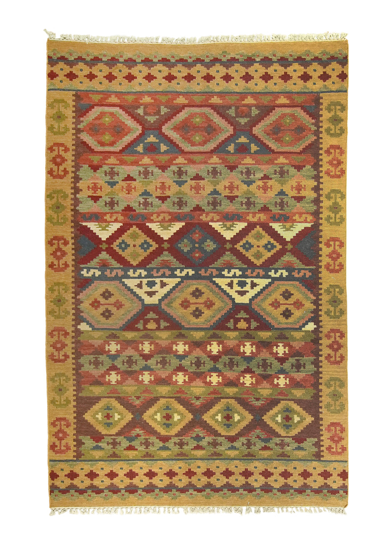 A25934 Oriental Rug Indian Handmade Area Transitional 6'0'' x 9'0'' -6x9- Brown Red Multi-color Dhurrie Geometric Design.jpg