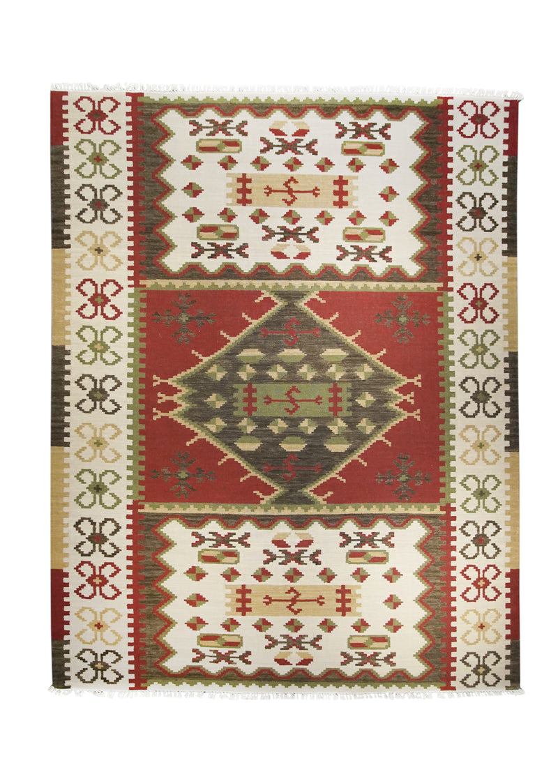A25950 Oriental Rug Indian Handmade Area Transitional 8'12'' x 12'0'' -9x12- Red Green Whites Beige Dhurrie Geometric Design