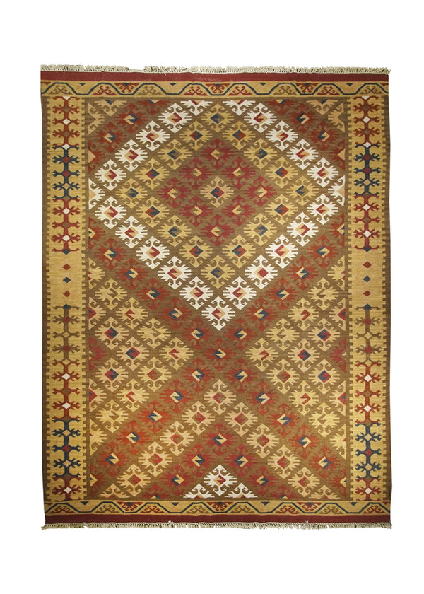 A25962 Oriental Rug Indian Handmade Area Transitional 8'12'' x 12'0'' -9x12- Brown Red Multi-color Dhurrie Geometric Design