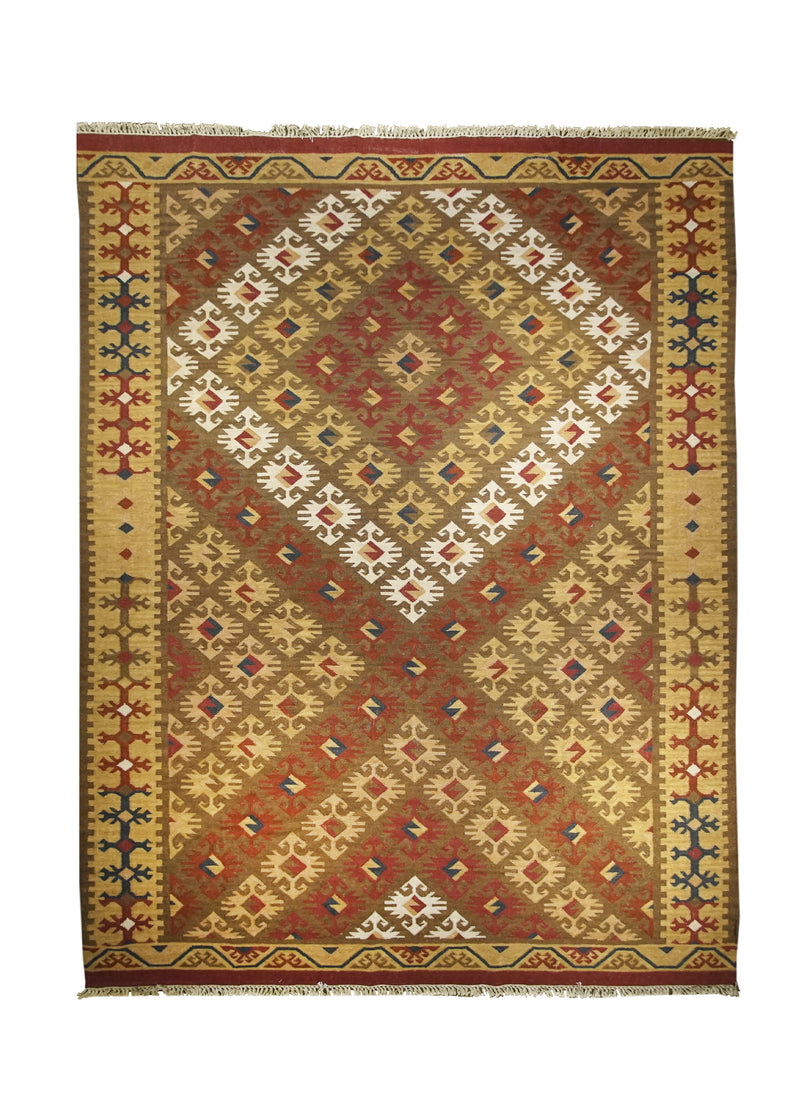 A25962 Oriental Rug Indian Handmade Area Transitional 8'12'' x 12'0'' -9x12- Brown Red Multi-color Dhurrie Geometric Design