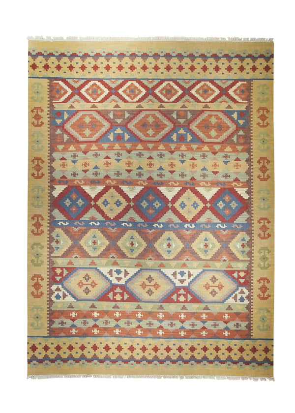 A25967 Oriental Rug Indian Handmade Area Transitional 9'12'' x 14'0'' -10x14- Brown Red Multi-color Dhurrie Geometric Design