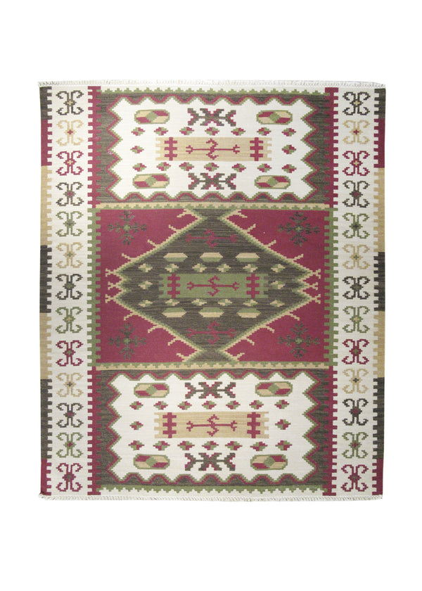 A25971 Oriental Rug Indian Handmade Area Transitional 7'12'' x 10'0'' -8x10- Red Green Whites Beige Dhurrie Geometric Design