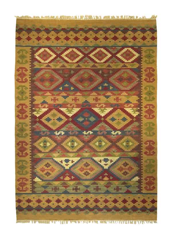 A25976 Oriental Rug Indian Handmade Area Tribal 5'7'' x 8'0'' -6x8- Whites Beige Red Multi-color Dhurrie Geometric Design