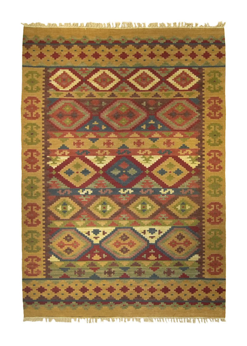 A25976 Oriental Rug Indian Handmade Area Tribal 5'7'' x 8'0'' -6x8- Whites Beige Red Multi-color Dhurrie Geometric Design